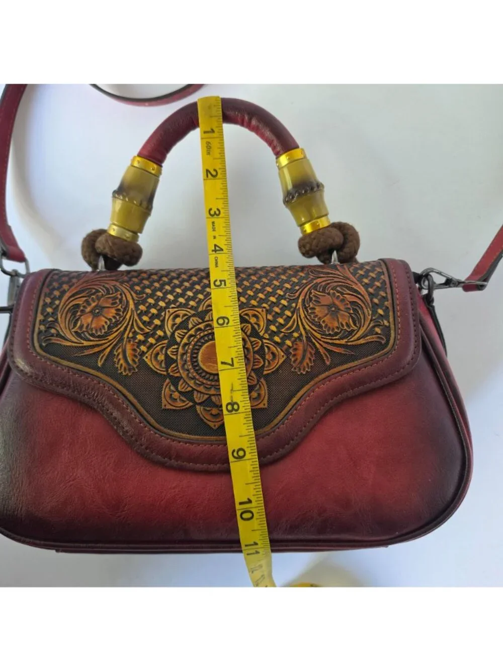 Tooled Floral Western Satchel Bag Burgundy Boho Crossbody Festival Concert